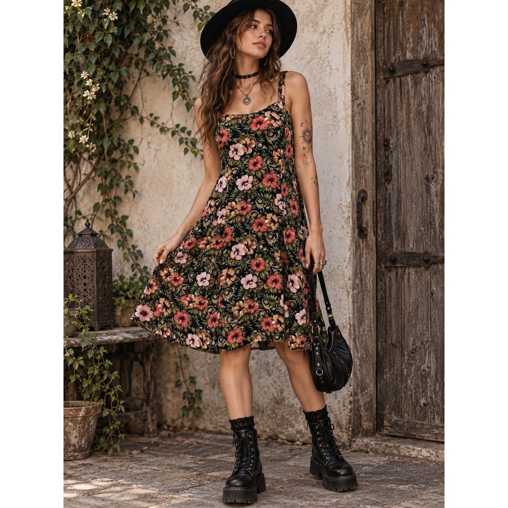 All That Jazz Dress Womens 5/6 Black Pink Hibiscus Floral Sleeveless Vintage Y2K